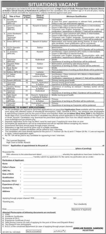 High Court of Sindh Karachi Jobs June 2020