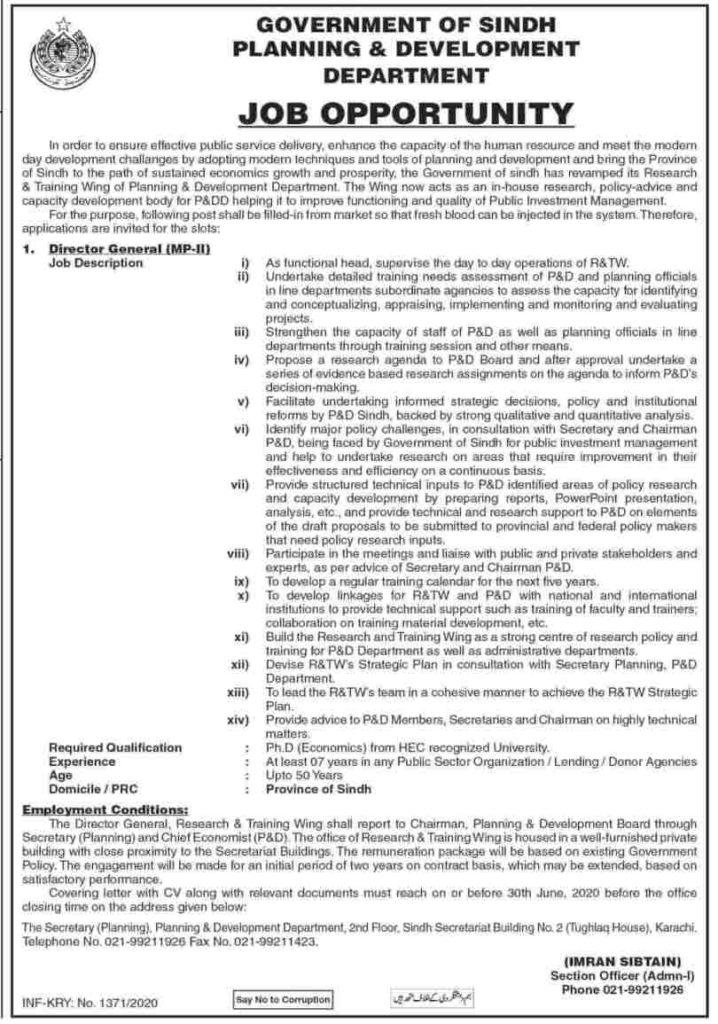 Planning and Development Department Sindh Jobs 2020 Latest