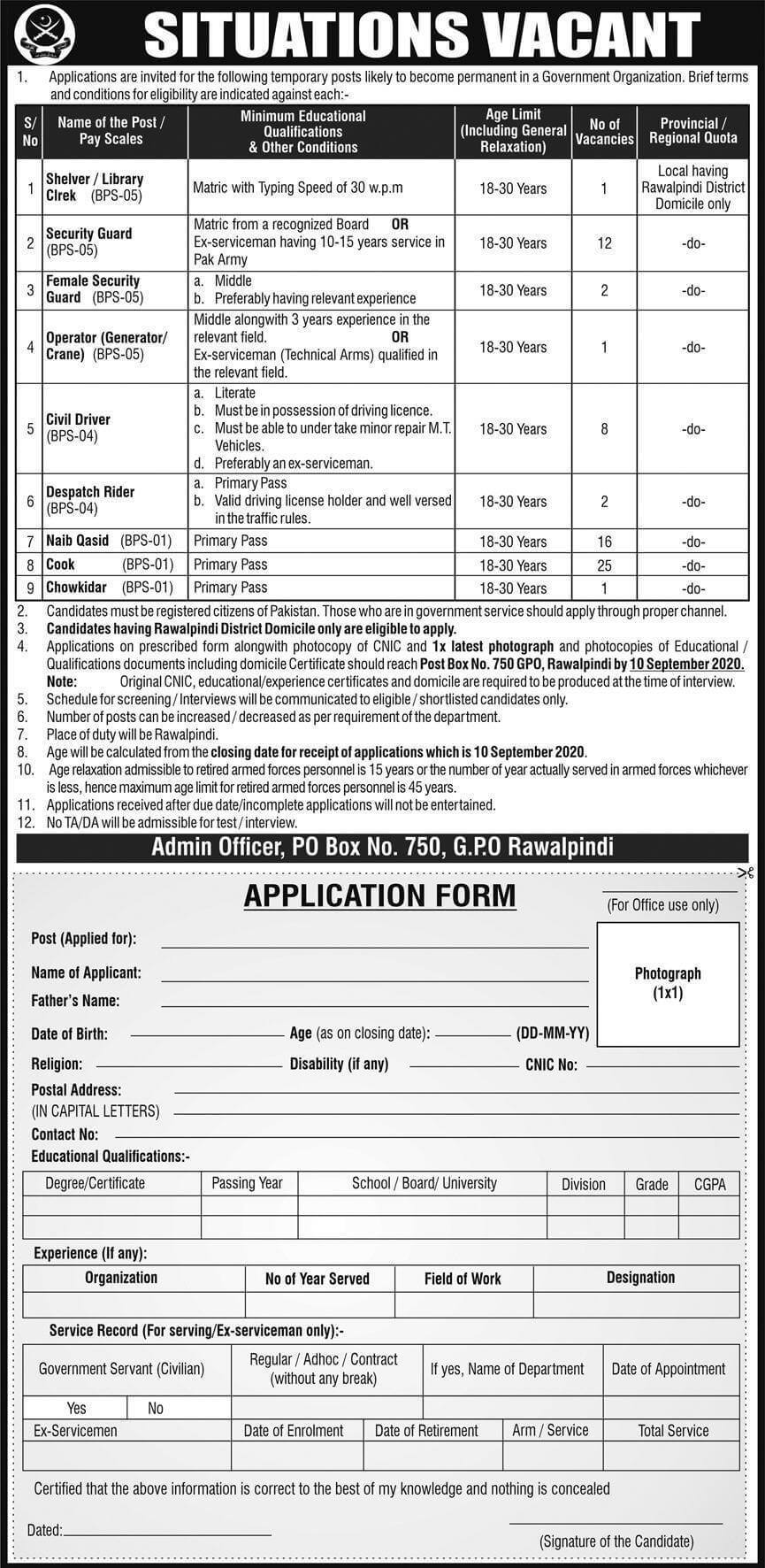 Government Jobs in GPO Rawalpindi 2020 | P O Box No 750