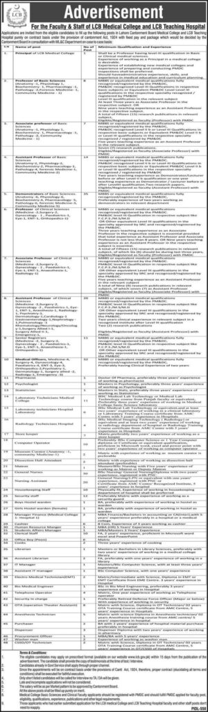 Lahore Cantonment Board LCB Jobs 2020 | LCB Medical College Jobs