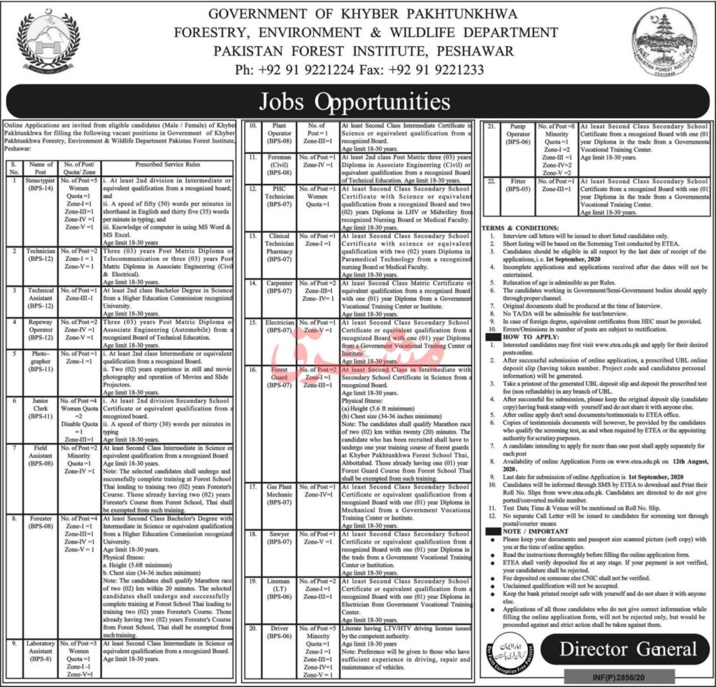 Pakistan Forest Institute Peshawar Jobs August 2020