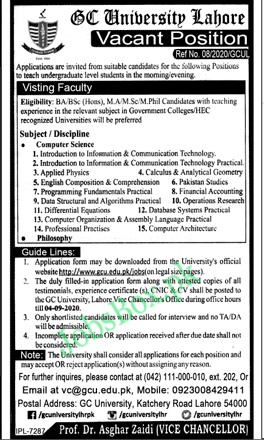 GC University Lahore Jobs 2020 for Vis