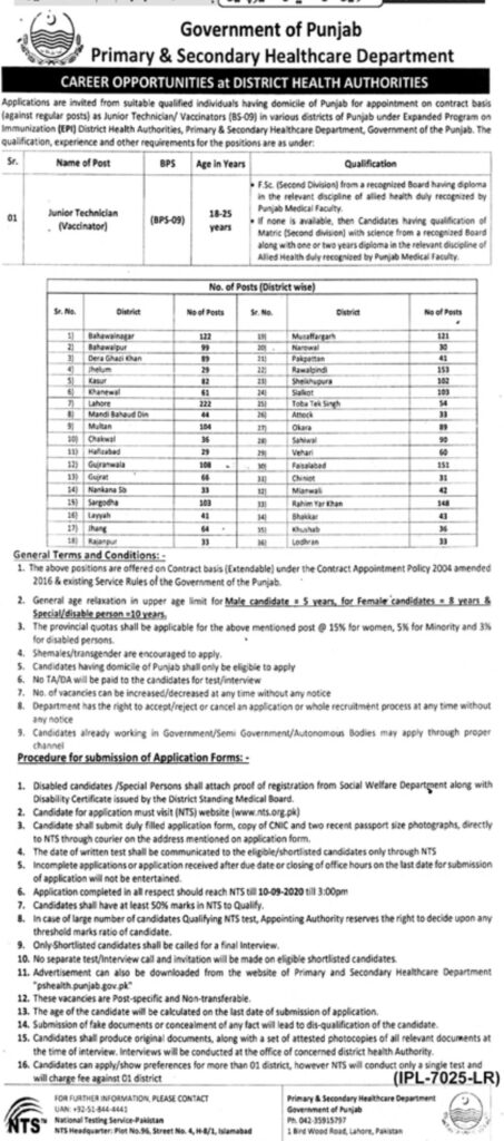 Junior Technician Vaccinator NTS Jobs 2020 Punjab (2700+ Posts)