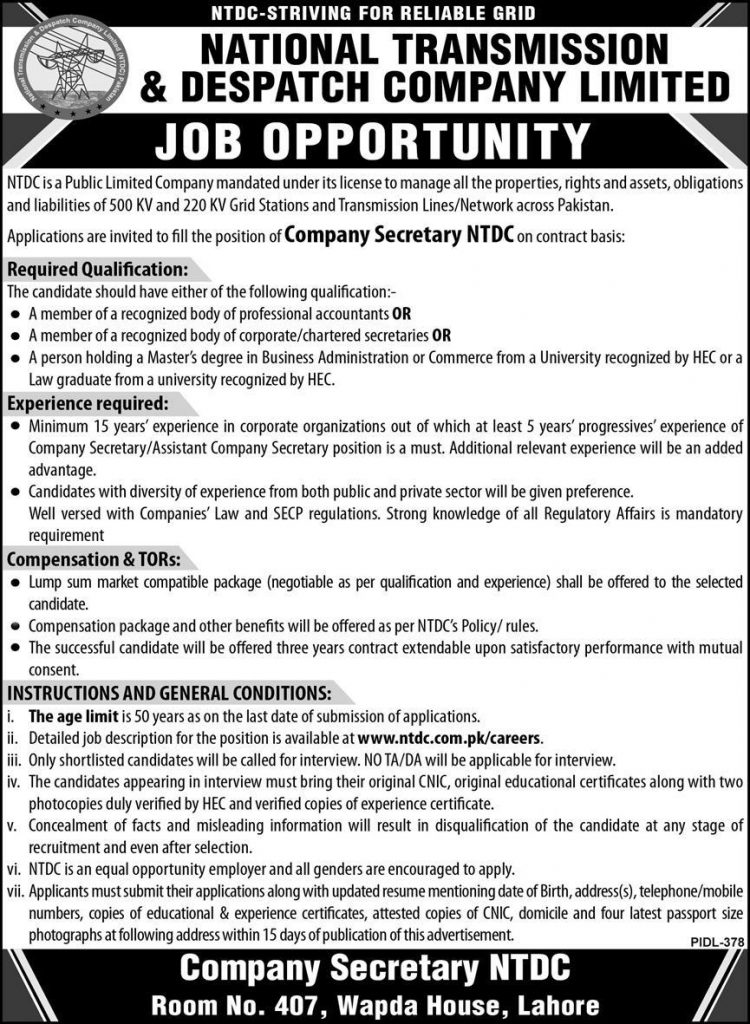 NTDC Jobs, National Transmission and Despatch Company