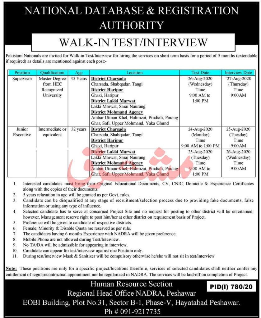 NADRA Peshawar Jobs August 2020