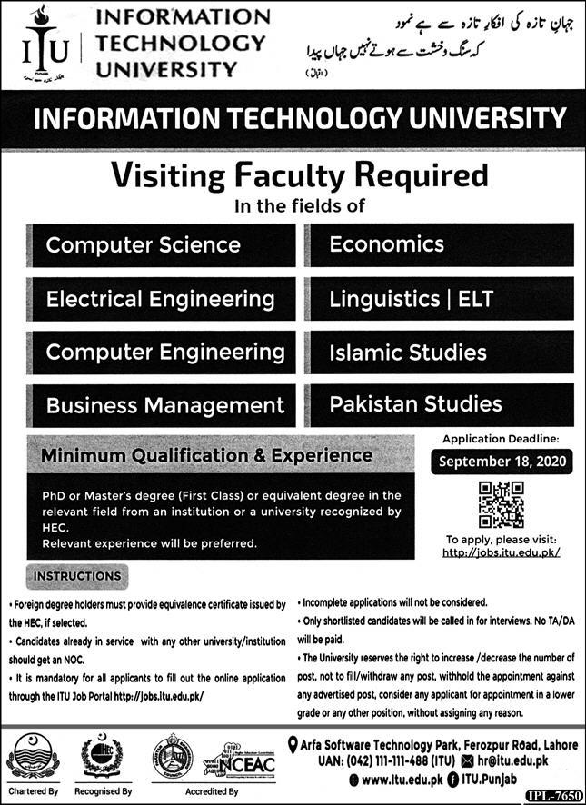 ITU Lahore Jobs 2020, Information Technology University
