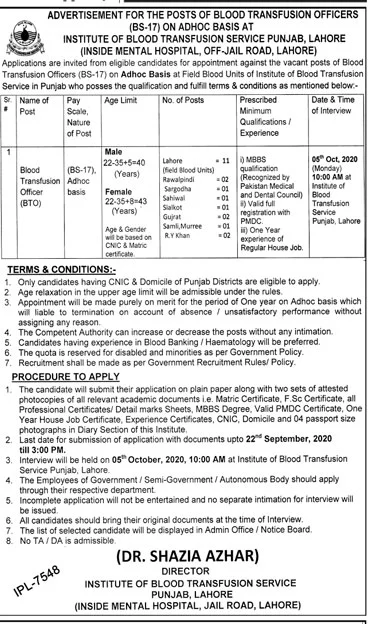 Institute of Blood Transfusion Service Punjab Jobs 2020 Lahore