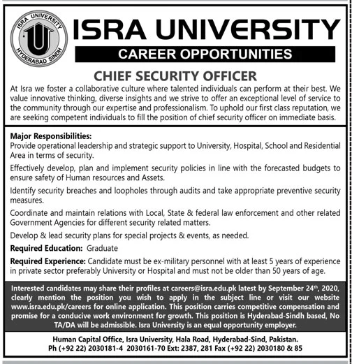 Isra University Hyderabad Jobs 2020 for Chief Security Officer Latest