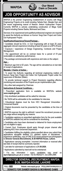 Join Wapda as Advisor Jobs 2020 Lahore