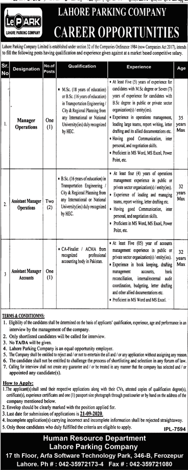 Lahore Parking Company Ltd Jobs 2020