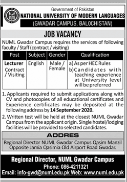 Lecturer Jobs 2020 in NUML Gwadar Campus