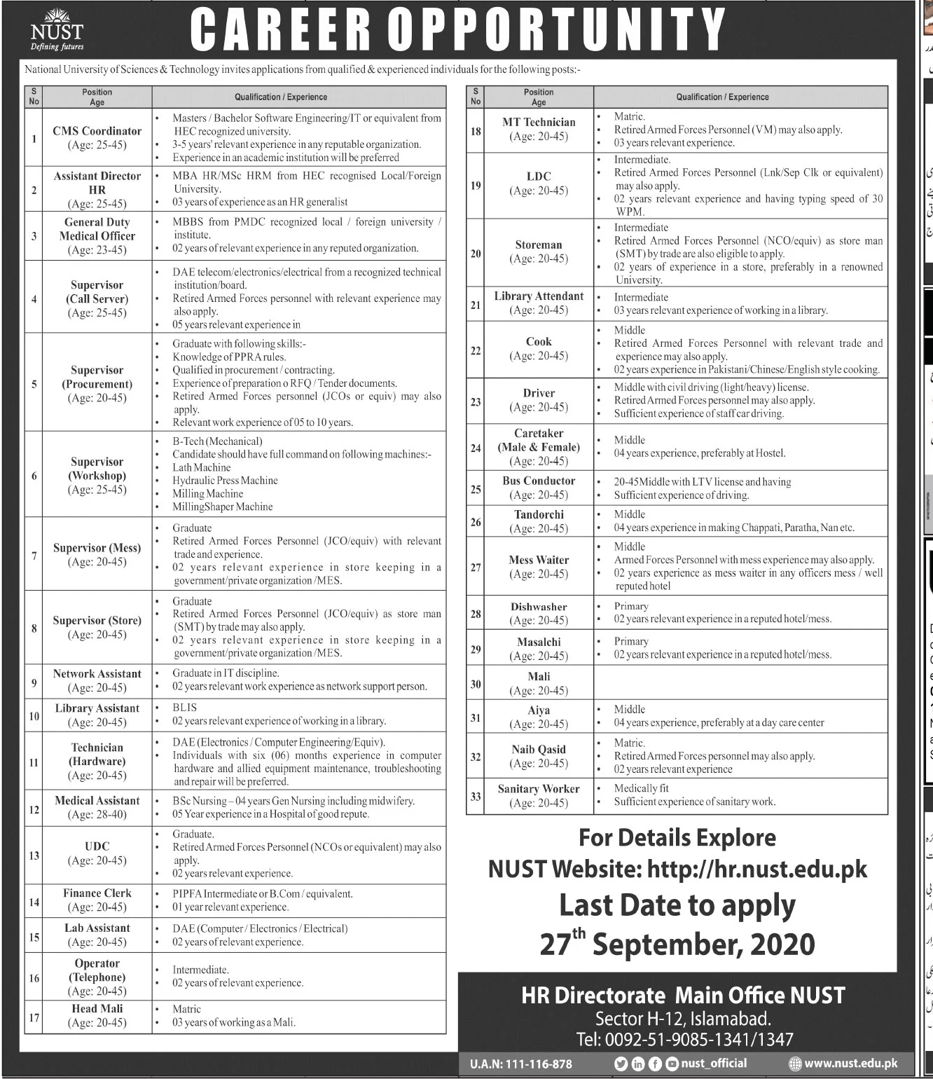 National University of Science & Technology NUST Jobs 2020 Islamabad