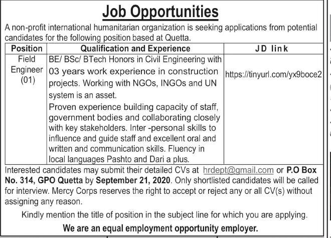 P.O Box No. 314 GPO Quetta Jobs 2020 Apply Online