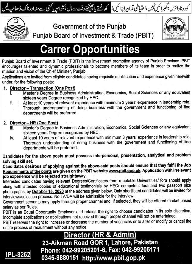 PBIT Jobs 2020, Punjab Board of Investment & Trade Lahore