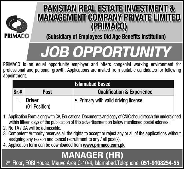 PRIMACO Jobs 2020 Islamabad for Driver Latest