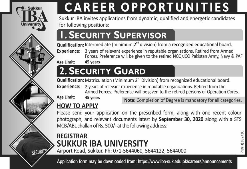 Sukkur IBA University Jobs 2020 for Security Supervisor & Security Guard