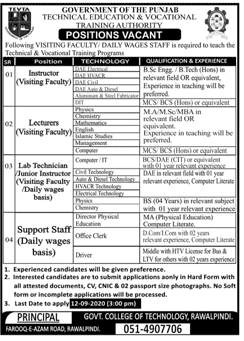 TEVTA Jobs 2020 Rawalpindi, Technical Education & Vocational Training Authority