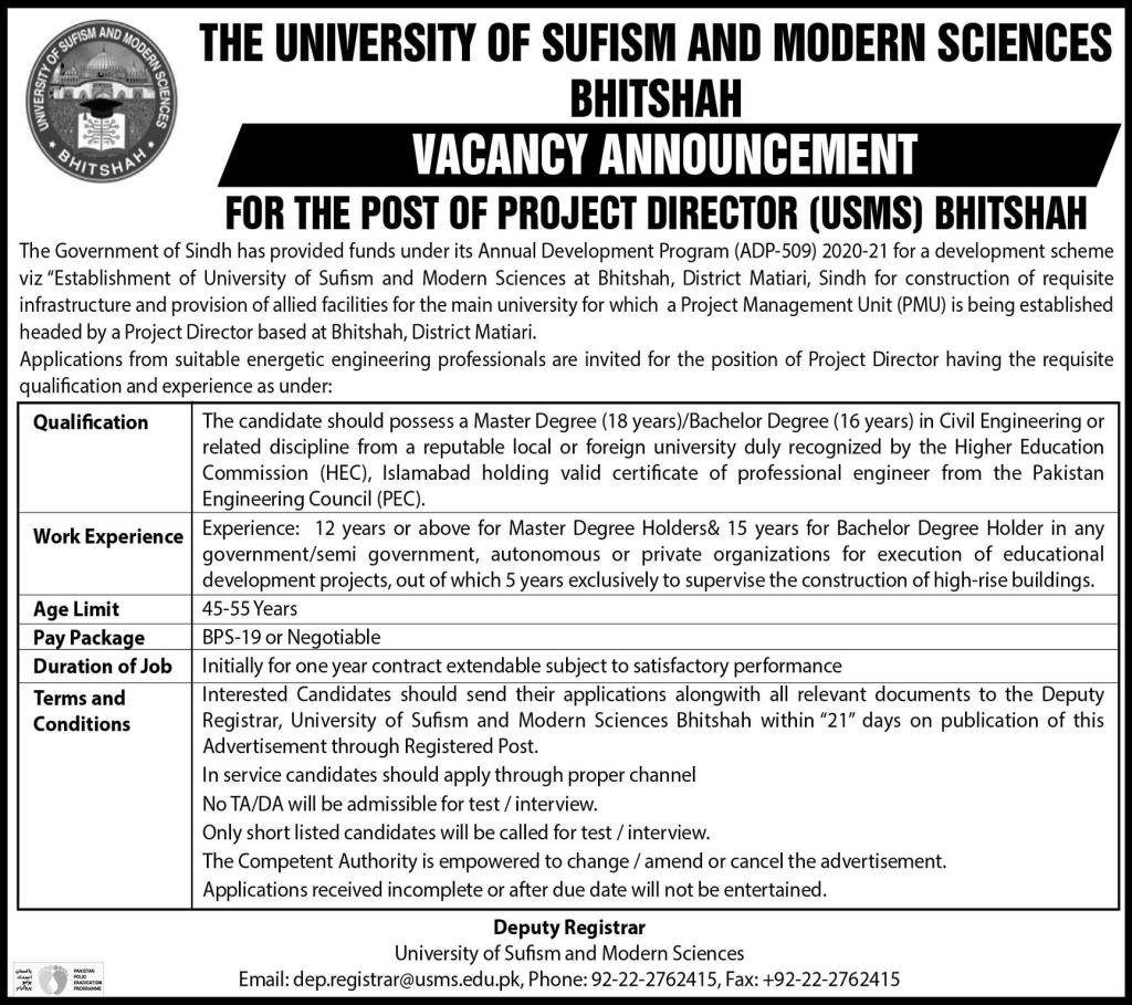 University of Sufism & Modern Sciences USMS Jobs 2020 Latest
