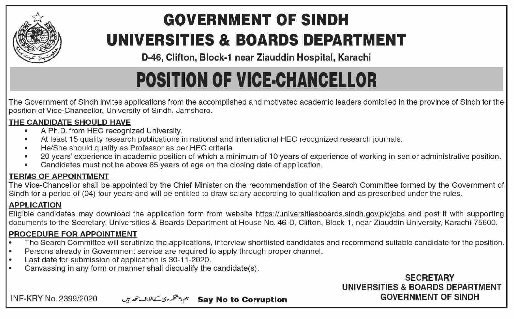 Universities & Boards Department Sindh Jobs 2020 for Vice-Chancellor
