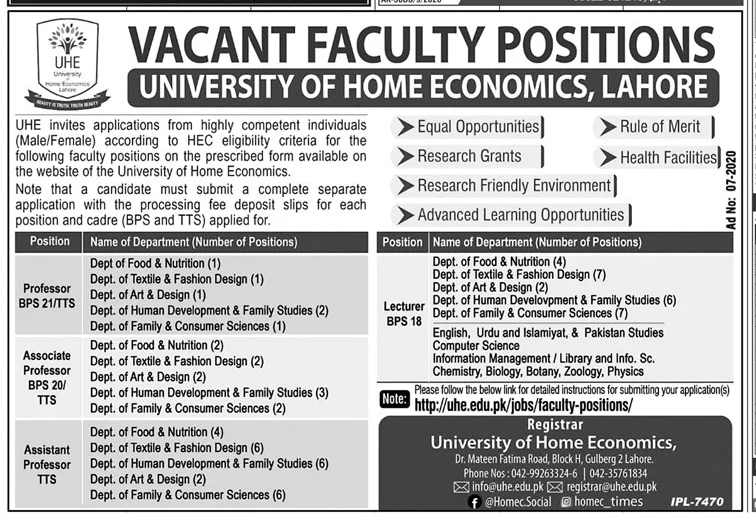 University of Home Economics UHE Jobs 2020 Lahore