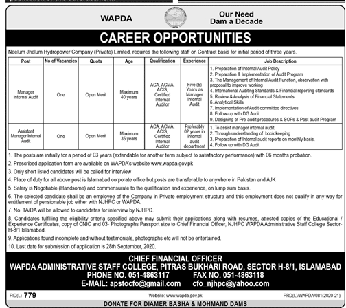 Wapda Islamabad Jobs 2020, Manager & Assistant Manager
