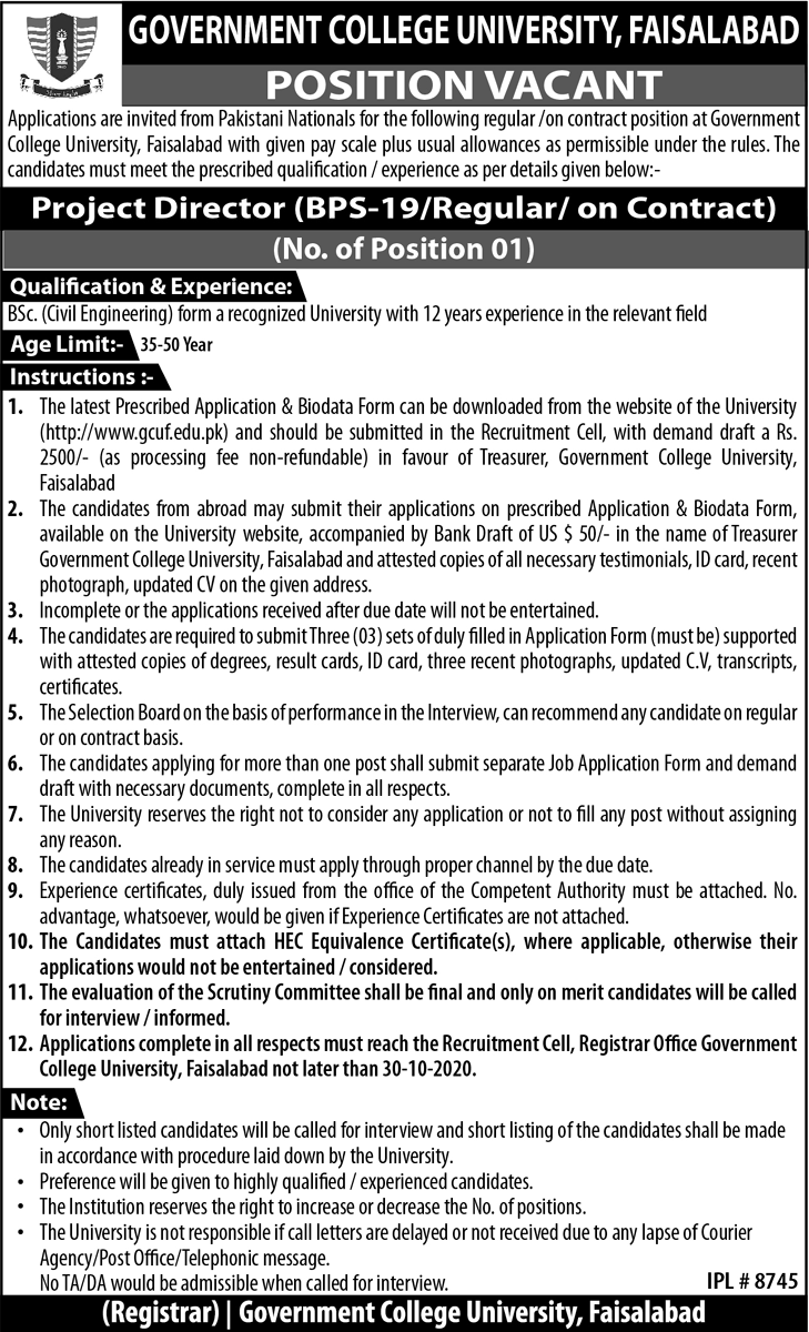 Government College University Jobs October 2020