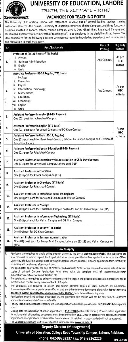 University Of Education Lahore Jobs October 2020