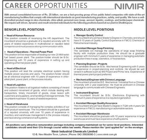 Nimir Industrial Chemicals Limited NICL Jobs 2020