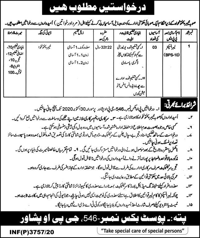 P.O Box No. 546 Peshawar Jobs 2020, Labour Inspector Required