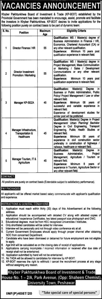 KPK Board of Investment & Trade Jobs 2020