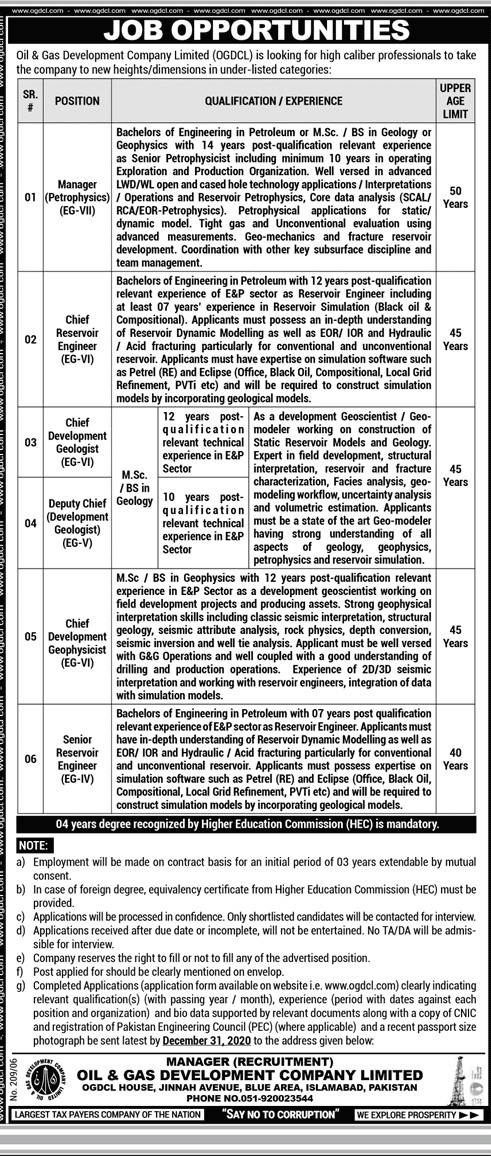 Oil & Gas Development Company Limited OGDCL Jobs December 2020