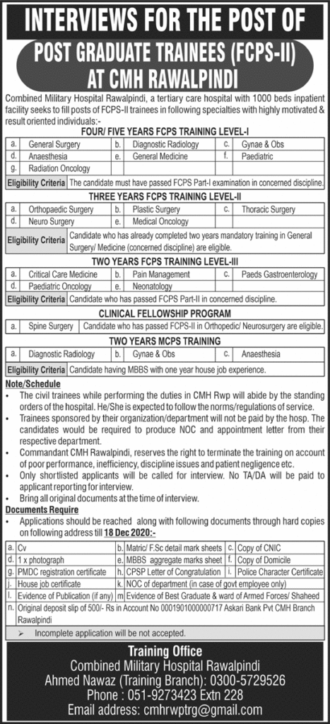 CMH Rawalpindi Jobs December 2020