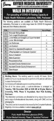 Khyber Medical University KMU Peshawar Jobs December 2020