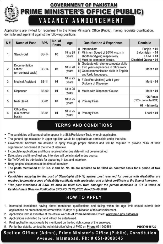 Prime Minister Office (Public) Islamabad Jobs June 2021