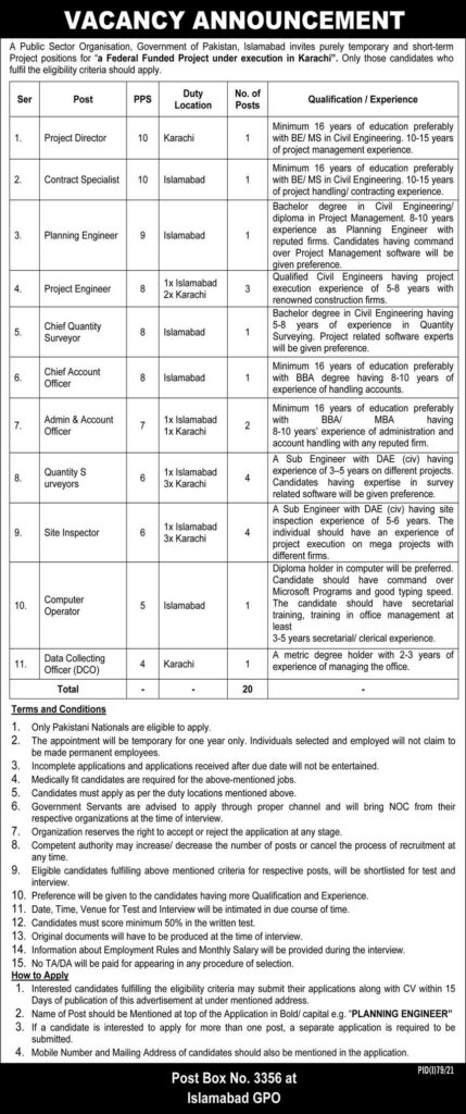 Public Sector Organization PO Box 3356 Islamabad Jobs July 2021