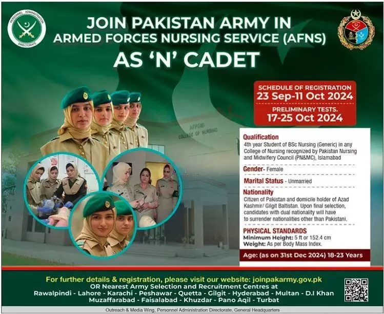 Online Registration to Join Pakistan Army in Armed Forces Nursing Service (AFNS) 2024 As ‘N’ CADET