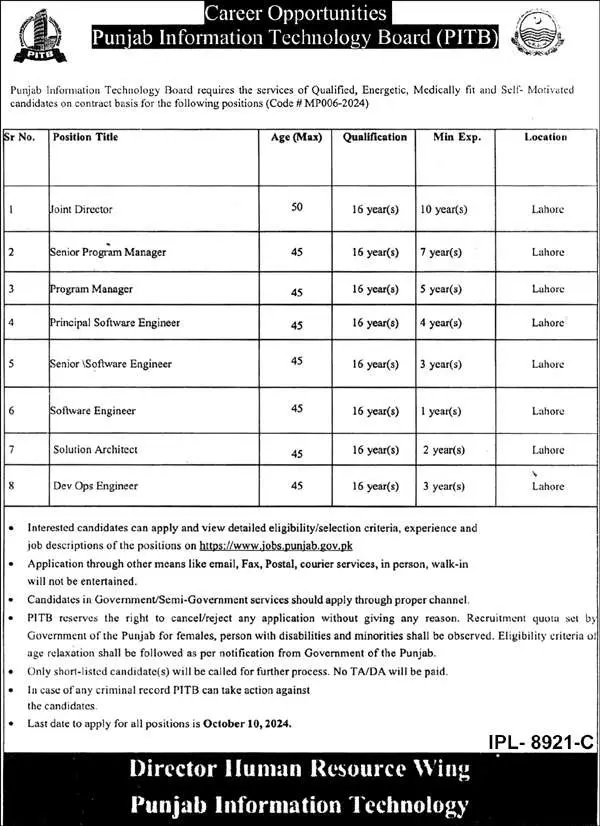 Punjab Information Technology Board (PITB) Jobs Sep 2024